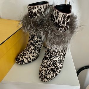 Fendi Eloise Cavalino Calf Hair Silver Fox Fur Bootie Grey Sz 38 NIB